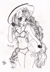 Size: 662x960 | Tagged: anthro, applejack, arm hooves, artist:selene-bunny, ball, bikini, breasts, clothes, derpibooru import, lineart, sexy, suggestive, swimsuit
