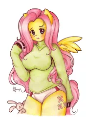 Size: 1024x1436 | Tagged: angel bunny, anthro, arm hooves, artist:selene-bunny, clothes, derpibooru import, fluttershy, shorts, suggestive, sweatershy