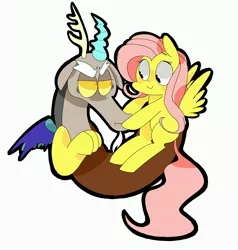 Size: 3648x3840 | Tagged: safe, artist:waackery, derpibooru import, discord, fluttershy, draconequus, pegasus, pony, chibi, cute, discoshy, discute, female, looking at each other, male, mare, missing cutie mark, outline, shipping, shyabetes, simple background, sitting, sitting on person, smiling, spread wings, straight, white background, why the long face, wings