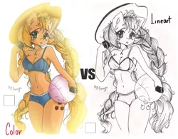 Size: 915x715 | Tagged: anthro, applejack, arm hooves, artist:selene-bunny, ball, bikini, breasts, clothes, colored, comparison, derpibooru import, lineart, sexy, suggestive, swimsuit