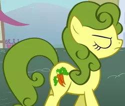 Size: 764x651 | Tagged: safe, derpibooru import, screencap, carrot top, golden harvest, earth pony, pony, boast busters, background pony, carrot top is not amused, cropped, eyes closed, female, green hair, green mane, mare, solo, unamused