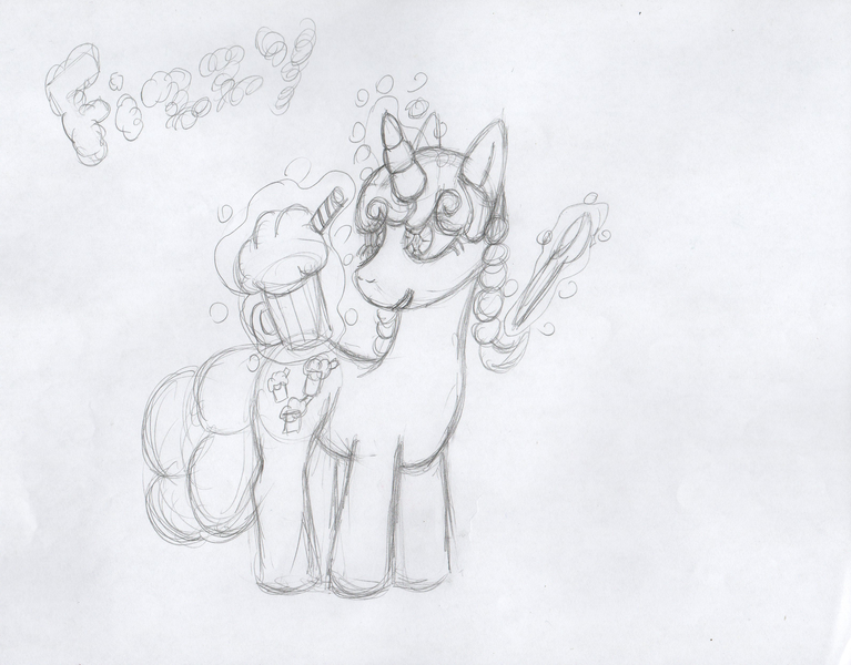 Size: 3209x2509 | Tagged: safe, artist:waterspirit12, derpibooru import, fizzy, pony, unicorn, drink, female, g1, magic, mare, monochrome, solo, spoon, straw, traditional art