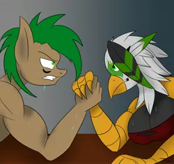 Size: 2560x2418 | Tagged: suggestive, artist:kaixxxcorner, artist:lil miss jay, derpibooru import, oc, oc:galena, oc:mojave mesa, unofficial characters only, anthro, gryphon, anthro oc, arm wrestling, breasts, cleavage, female, muscles, sweat