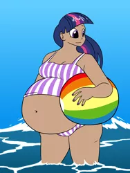 Size: 1500x2000 | Tagged: dead source, suggestive, artist:bigponiesinc, derpibooru import, twilight sparkle, human, ask feedee twilight, bbw, beach ball, belly, big belly, breasts, clothes, fat, feedee, female, humanized, midriff, muffin top, obese, ocean, solo, solo female, swimsuit, thighlight sparkle, twilard sparkle, weight gain, wide hips