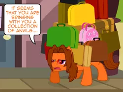 Size: 640x480 | Tagged: safe, artist:aha-mccoy, derpibooru import, oc, oc:aha mclovin, unofficial characters only, pegasus, pony, nopony-ask-mclovin, luggage, male, solo, speech bubble, stallion, suitcase