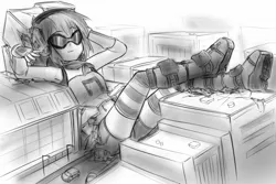 Size: 1272x851 | Tagged: safe, artist:alloyrabbit, derpibooru import, vinyl scratch, equestria girls, armpits, belly button, boots, city, destruction, giantess, headphones, macro, midriff, monochrome, shoes