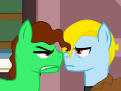 Size: 500x375 | Tagged: safe, artist:aha-mccoy, derpibooru import, oc, oc:anonlestia, oc:dick, oc:tony starkehuf, unofficial characters only, earth pony, pegasus, pony, nopony-ask-mclovin, accidental kiss, animated, assisted kiss, gay, glasses, kissing, male, offscreen character, stallion