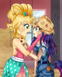 Size: 900x1106 | Tagged: safe, artist:lucy-tan, derpibooru import, applejack, rarity, human, applejewel, bare shoulders, clothes, dress, evening gloves, female, horned humanization, humanized, lesbian, rarihick, rarijack, shipping, sleeveless, strapless, tailed humanization