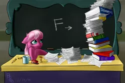 Size: 1800x1200 | Tagged: apple, artist:ravenousdrake, book, chalkboard, cheerilee, derpibooru import, paperwork, safe, stapler