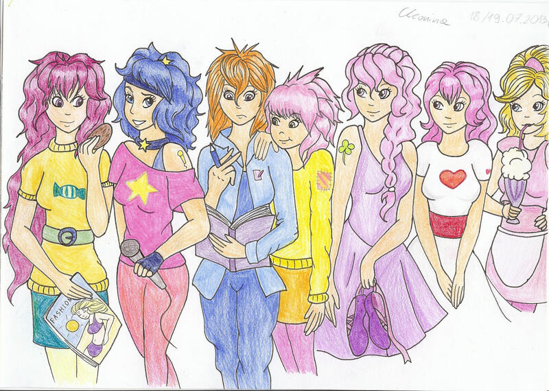 Size: 2336x1663 | Tagged: artist:cleonina, bon bon (g1), bright eyes, clover (g1), derpibooru import, female, g1, human, humanized, melody, my little pony tales, patch (g1), safe, starlight (g1), sweetheart