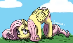 Size: 1266x754 | Tagged: safe, artist:draneas, derpibooru import, fluttershy, pegasus, pony, :t, caught, cloud, eating, female, fluffy, grass, grazing, herbivore, horses doing horse things, leg fluff, looking at you, mare, nom, puffy cheeks, solo, wide eyes, wing fluff