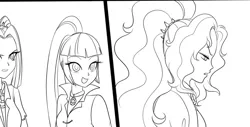 Size: 900x457 | Tagged: safe, artist:jacky-bunny, derpibooru import, adagio dazzle, aria blaze, sonata dusk, equestria girls, comic, magic of the sirens, monochrome, the dazzlings, wip