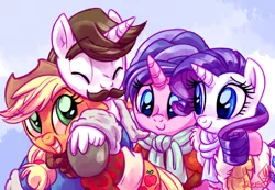 Size: 1280x886 | Tagged: safe, artist:whitediamonds, derpibooru import, applejack, cookie crumbles, hondo flanks, rarity, earth pony, pony, unicorn, fanfic, clothes, cookieflanks, eyes closed, fanfic art, female, freckles, hat, how far away you roam, hug, lesbian, male, mare, rarijack, rarijack daily, rarity's parents, scarf, shipping, smiling, stallion