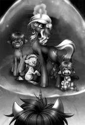 Size: 683x1000 | Tagged: grimdark, artist:limreiart, derpibooru import, part of a set, oc, oc:littlepip, oc:velvet remedy, unofficial characters only, pony, unicorn, fallout equestria, fanfic, angry, black and white, colored hooves, crying, fanfic art, female, floppy ears, foal, force field, glowing horn, grayscale, hooves, horn, magic, mare, monochrome, open mouth, sad, scared, teeth