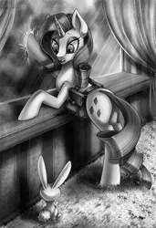 Size: 683x1000 | Tagged: grimdark, artist:limreiart, derpibooru import, part of a set, angel bunny, rarity, pony, unicorn, fallout equestria, fanfic, canterlot, crack, cracked, fanfic art, female, fluffy, grayscale, heroic sacrifice, hooves, horn, mare, ministry mares, monochrome, open mouth, pink cloud (fo:e), plot, saddle bag, teeth, this will end in tears and/or death, window