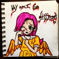 Size: 1024x1024 | Tagged: artist:thecreativestuff, blood, crying, derpibooru import, fluttershy, human, humanized, injured, safe, solo, traditional art, winged humanization, younger