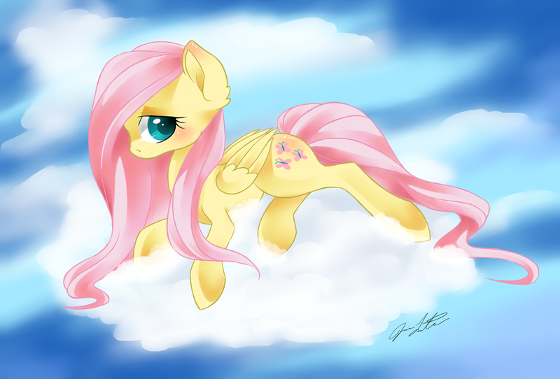 Size: 1024x694 | Tagged: artist:j-lin-mlp, blushing, body blush, cloud, cloudy, derpibooru import, fluttershy, looking at you, safe, solo