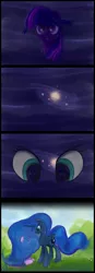 Size: 1200x3464 | Tagged: safe, artist:scootiebloom, derpibooru import, princess luna, twilight sparkle, alicorn, pony, comic, duo, ethereal mane, female, galaxy mane, looking at each other, manegazing, mare