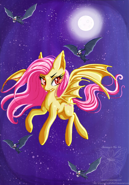 Size: 800x1149 | Tagged: artist:shimmycocopuffssx1, derpibooru import, flutterbat, fluttershy, fruit bat, moon, safe, solo