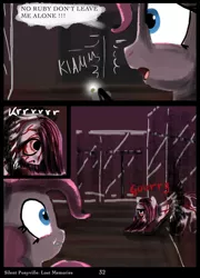 Size: 759x1052 | Tagged: artist:helenasherzblut, blood, comic, derpibooru import, duality, fanfic:silent ponyville, grimdark, looking at you, lost memories, mirror, pinkamena diane pie, pinkie pie, red eyes