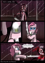 Size: 758x1053 | Tagged: artist:helenasherzblut, blood, comic, derpibooru import, duality, fanfic:silent ponyville, grimdark, katana, knife, mirror, pinkamena diane pie, pinkie pie, red eyes, sword, weapon