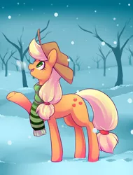 Size: 800x1050 | Tagged: applejack, artist:duskyamore, clothes, cute, derpibooru import, jackabetes, safe, scarf, snow, snowfall, solo, winter