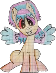 Size: 625x808 | Tagged: safe, artist:storynima, derpibooru import, oc, oc:shiny dawn, unofficial characters only, pegasus, pony, cute, graph paper, grin, head tilt, heterochromia, learning, looking at you, simple background, sitting, sketch, smiling, solo, spread wings, traditional art, transparent background