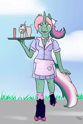 Size: 800x1200 | Tagged: anthro, apron, artist:nissatron5000, clothes, derpibooru import, fizzy, g1, roller skates, safe, sundae, waitress