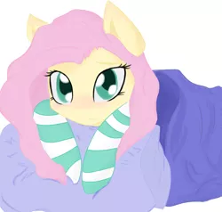 Size: 1736x1656 | Tagged: artist:elizaisepic, artist:sugarskullmadness2, blanket, blushing, clothes, derpibooru import, fluttershy, looking at you, pillow, safe, socks, solo