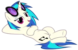Size: 4087x2652 | Tagged: safe, artist:mrlolcats17, derpibooru import, vinyl scratch, pony, unicorn, bedroom eyes, belly button, cutie mark, female, hooves, horn, lying down, mare, open mouth, simple background, solo, sunglasses, transparent background, vector