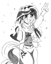 Size: 3000x3800 | Tagged: safe, artist:mark-terron, derpibooru import, sunset shimmer, equestria girls, belly button, bellyring, eared humanization, humanized, monochrome, peace sign, ponied up, snow, snowfall, tailed humanization