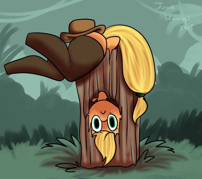 Size: 1337x1187 | Tagged: safe, artist:yukomaussi, derpibooru import, applejack, pony, semi-anthro, :c, applebucking thighs, applebutt, clothes, cowboy hat, hat, log, silly, silly pony, solo, stetson, stockings, stuck, tree, upside down, who's a silly pony