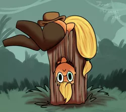 Size: 1337x1187 | Tagged: safe, artist:yukomaussi, derpibooru import, applejack, pony, semi-anthro, :c, applebucking thighs, applebutt, clothes, cowboy hat, hat, log, silly, silly pony, solo, stetson, stockings, stuck, tree, upside down, who's a silly pony