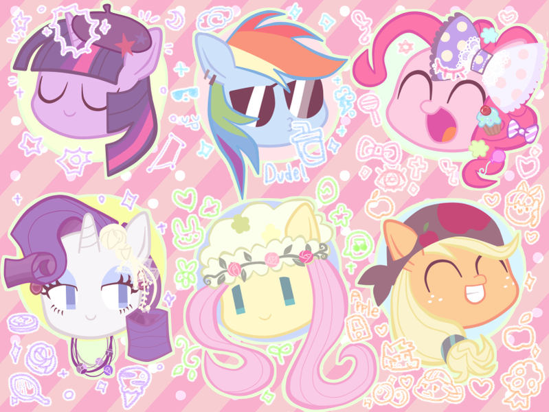 Size: 800x601 | Tagged: dead source, safe, artist:momo, derpibooru import, applejack, fluttershy, pinkie pie, rainbow dash, rarity, twilight sparkle, c:, chibi, clothes, cute, dashabetes, diapinkes, eyes closed, grin, head only, jackabetes, mane six, no pupils, open mouth, raribetes, shyabetes, smiling, twiabetes