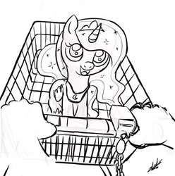 Size: 708x713 | Tagged: artist:zlack3r, crown, cute, derpibooru import, filly, folded wings, grayscale, human, jewelry, looking up, lunabetes, monochrome, offscreen character, open mouth, pov, princess luna, princess shoes, regalia, safe, shopping cart, signature, simple background, smiling, solo focus, white background, woona