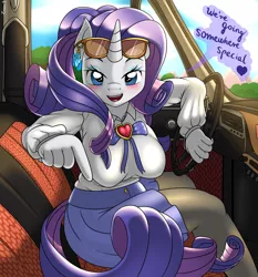 Size: 2800x3000 | Tagged: anthro, artist:ziemniax, bedroom eyes, blouse, blushing, breasts, brooch, busty rarity, car, car interior, clothes, derpibooru import, dialogue, earring, female, flirting, looking at you, offscreen character, pantyhose, pointing, pov, rarity, ribbon, skirt, smiling, solo, solo female, suggestive, sunglasses