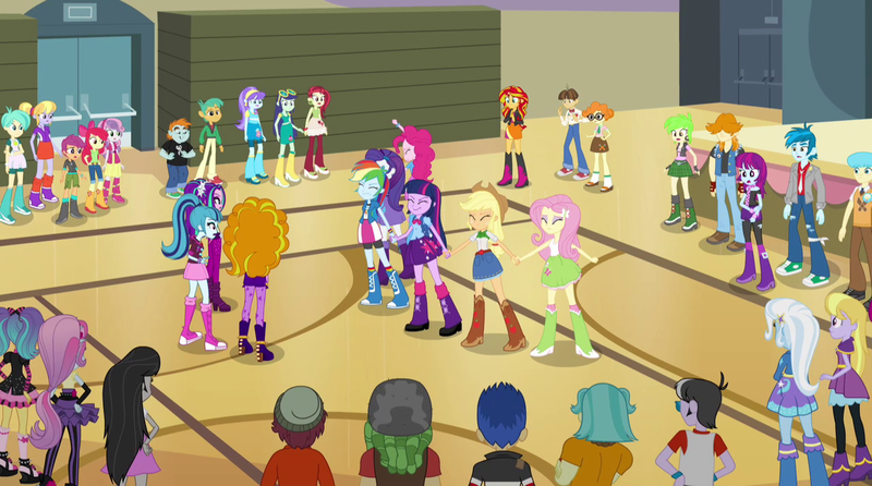 Size: 1280x714 | Tagged: safe, derpibooru import, screencap, adagio dazzle, apple bloom, applejack, aqua blossom, aria blaze, blueberry cake, brawly beats, bright idea, cherry crash, cloudy kicks, flash sentry, fluttershy, lavender lace, mystery mint, normal norman, octavia melody, pinkie pie, pixel pizazz, rainbow dash, rarity, ringo, rose heart, sandalwood, scootaloo, scribble dee, snails, snips, sonata dusk, sunset shimmer, sweetie belle, tennis match, thunderbass, trixie, twilight sparkle, twilight sparkle (alicorn), valhallen, violet blurr, wiz kid, equestria girls, rainbow rocks, background human, care root, cutie mark crusaders, flash drive (band), holding hands, humane six, mane six, the dazzlings, the rainbooms