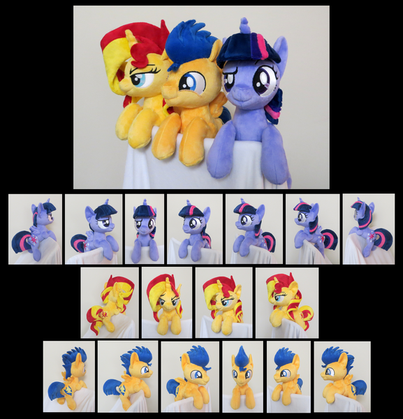 Size: 3993x4153 | Tagged: safe, artist:fireflytwinkletoes, derpibooru import, flash sentry, sunset shimmer, twilight sparkle, twilight sparkle (alicorn), alicorn, pony, female, irl, love triangle, mare, photo, plushie, raised eyebrow