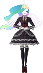 Size: 298x509 | Tagged: safe, artist:leurx, derpibooru import, princess celestia, anthro, human, celestia ludenberg, danganronpa, fusion, namesake, pun, what has science done