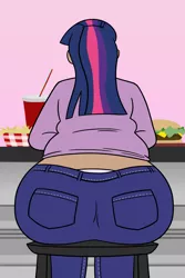 Size: 1000x1500 | Tagged: dead source, safe, artist:bigponiesinc, derpibooru import, twilight sparkle, human, ask feedee twilight, ass, behind, burger, chubby, drink, fat, food, french fries, humanized, large butt, sitting, soda, stool, stuffed, the ass was fat, twibutt, twilard sparkle, twilight burgkle, twilight has a big ass