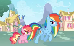 Size: 8192x5120 | Tagged: safe, artist:unoriginai, derpibooru import, rainbow dash, oc, oc:sugar crash, pegasus, pony, absurd resolution, backwards cutie mark, colt, cute, looking back, magical lesbian spawn, male, offspring, parent:pinkie pie, parent:rainbow dash, parents:pinkiedash, ponyville, pregnant, smiling, trotting