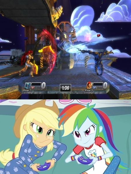 Size: 774x1024 | Tagged: safe, derpibooru import, edit, screencap, applejack, rainbow dash, equestria girls, rainbow rocks, applejack and rainbow dash playing, exploitable meme, meme, nariko, playstation all-stars battle royale, raiden