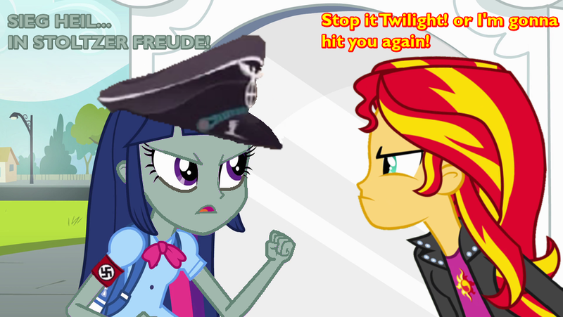 Size: 902x508 | Tagged: safe, deleted from derpibooru, derpibooru import, edit, screencap, sunset shimmer, twilight sparkle, equestria girls, german, nazi, nazi armband, nazi zombie, south park: the stick of truth, swastika