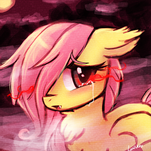 Size: 500x500 | Tagged: safe, artist:lumineko, derpibooru import, fluttershy, pegasus, pony, blushing, chest fluff, crying, cute, fangs, female, filly, floppy ears, flutterbat, glowing eyes, hair over one eye, hot springs, looking at you, messy mane, open mouth, sad, solo, steam, water, younger