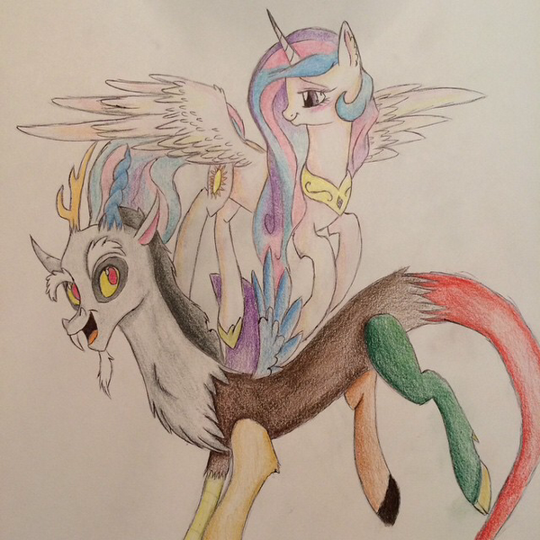 Size: 640x640 | Tagged: safe, artist:pigzfairy, derpibooru import, discord, princess celestia, dislestia, female, male, shipping, straight, traditional art