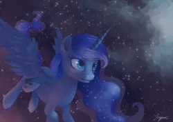 Size: 3508x2480 | Tagged: safe, artist:katyand, artist:sewingintherain, derpibooru import, princess luna, alicorn, pony, female, flying, mare, missing accessory, night sky, sky, smiling, solo, spread wings