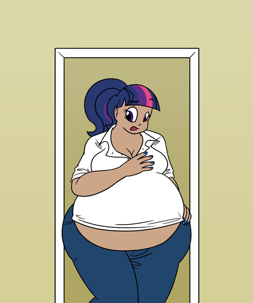 Size: 1250x1500 | Tagged: dead source, safe, artist:bigponiesinc, derpibooru import, twilight sparkle, human, ask feedee twilight, alternate hairstyle, bbw, belly, big belly, chubby, cleavage, fat, female, hips, humanized, muffin top, nail polish, solo, thighlight sparkle, tight clothing, twilard sparkle, wide hips