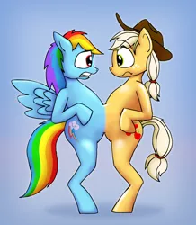 Size: 726x833 | Tagged: safe, artist:theyton, derpibooru import, applejack, rainbow dash, pony, appledash, backwards cutie mark, bipedal, conjoined, conjoined by belly, female, frown, fusion, gritted teeth, i dont even, lesbian, shipping, shocked, spread wings, standing, together forever, we have become one, what has science done, wide eyes, worried