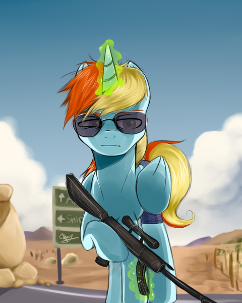 Size: 787x984 | Tagged: safe, artist:supermare, derpibooru import, oc, oc:dickinson, unofficial characters only, alicorn, pony, alicorn oc, glasses, glowing horn, gun, hooves, horn, levitation, magic, male, optical sight, rifle, sniper rifle, solo, stallion, sunglasses, telekinesis, weapon, wings