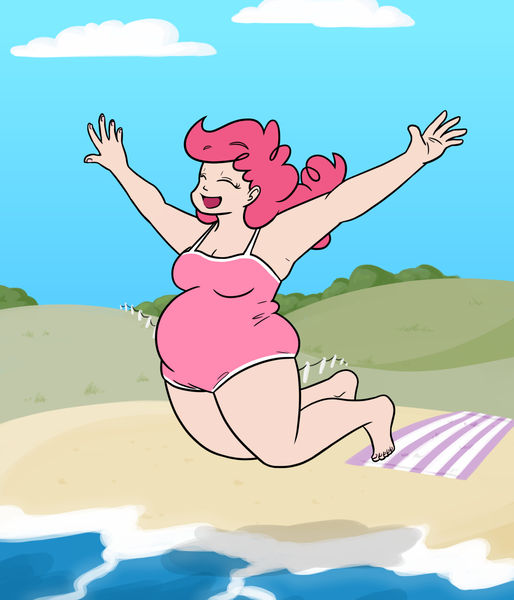 Size: 1280x1493 | Tagged: armpits, artist:bigponiesinc, ask feedee twilight, chubby, clothes, dead source, derpibooru import, fat, human, humanized, one-piece swimsuit, pinkie pie, pudgy pie, safe, swimsuit